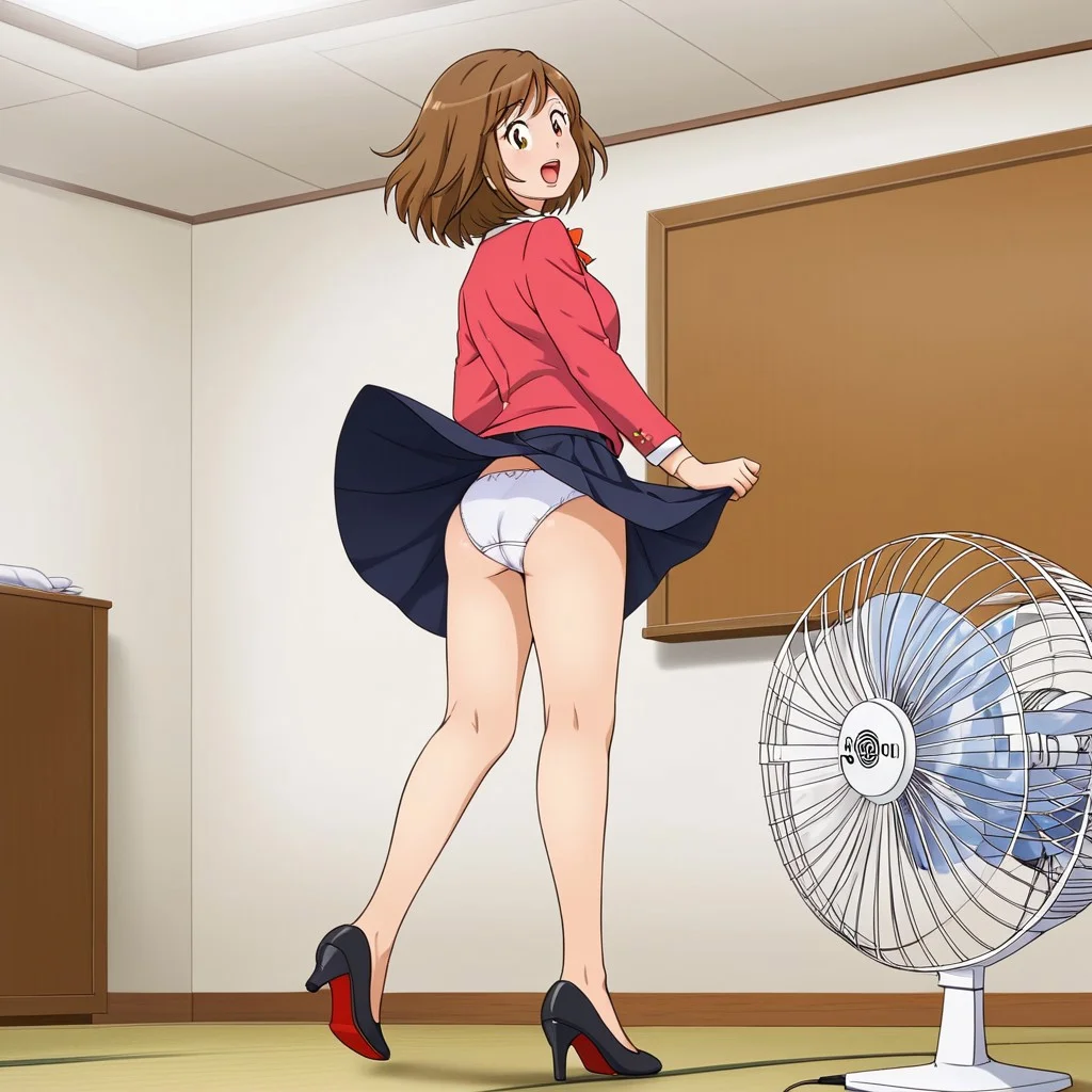 masterpiece, best quality, solo, underwear, Machiko sensei, electric fan, panties, brown hair, solo, wind, skirt, wind lift, clothes lift, white panties, skirt lift, short hair, ass, indoors, high heels, open mouth, looking back, pantyshot, standing