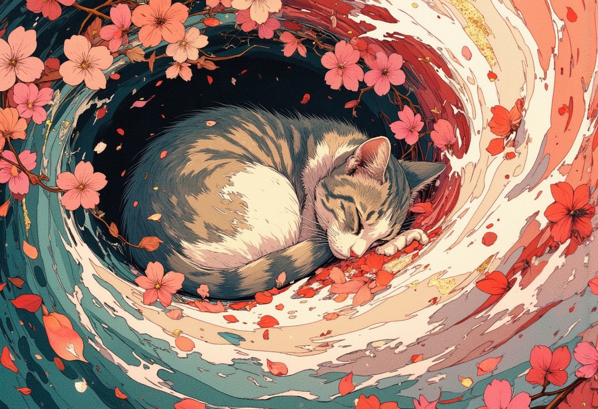 Paint a serene yet dynamic watercolor scene in the Flux art style, where a sleeping cat is *fully nestled within a swirling vortex of cherry blossom petals*. The cat’s body, rendered in soft, muted washes of ash-gray and ivory, is half-buried under cascading layers of petals that pile like delicate snowdrifts. Use bold, sweeping strokes to create a sense of motion, as if the petals are alive—curling over the cat’s back, clinging to its fur, and dissolving into loose, abstract splatters of pink, pearl-white, and blush. Highlight the contrast between the cat’s tranquil posture and the chaotic energy of the blossoms, with petals rendered in translucent, overlapping layers that deepen into coral and magenta near the edges. Add flecks of metallic gold ink to suggest sunlight glinting through the floral storm, while keeping the Flux style’s raw, textured spontaneity. For the background, blur into watery gradients of slate blue and moss green, hinting at a windswept garden where blossoms spiral endlessly toward the sky.Oriental painting