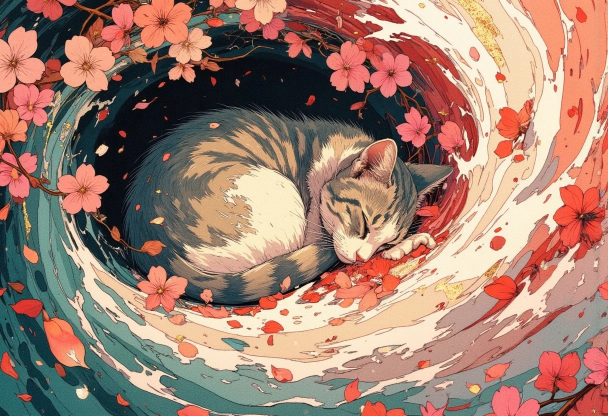 Paint a serene yet dynamic watercolor scene in the Flux art style, where a sleeping cat is *fully nestled within a swirling vortex of cherry blossom petals*. The cat’s body, rendered in soft, muted washes of ash-gray and ivory, is half-buried under cascading layers of petals that pile like delicate snowdrifts. Use bold, sweeping strokes to create a sense of motion, as if the petals are alive—curling over the cat’s back, clinging to its fur, and dissolving into loose, abstract splatters of pink, pearl-white, and blush. Highlight the contrast between the cat’s tranquil posture and the chaotic energy of the blossoms, with petals rendered in translucent, overlapping layers that deepen into coral and magenta near the edges. Add flecks of metallic gold ink to suggest sunlight glinting through the floral storm, while keeping the Flux style’s raw, textured spontaneity. For the background, blur into watery gradients of slate blue and moss green, hinting at a windswept garden where blossoms spiral endlessly toward the sky.Oriental painting