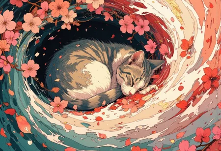 Paint a serene yet dynamic watercolor scene in the Flux art style, where a sleeping cat is *fully nestled within a swirling vortex of cherry blossom petals*. The cat’s body, rendered in soft, muted washes of ash-gray and ivory, is half-buried under cascading layers of petals that pile like delicate snowdrifts. Use bold, sweeping strokes to create a sense of motion, as if the petals are alive—curling over the cat’s back, clinging to its fur, and dissolving into loose, abstract splatters of pink, pearl-white, and blush. Highlight the contrast between the cat’s tranquil posture and the chaotic energy of the blossoms, with petals rendered in translucent, overlapping layers that deepen into coral and magenta near the edges. Add flecks of metallic gold ink to suggest sunlight glinting through the floral storm, while keeping the Flux style’s raw, textured spontaneity. For the background, blur into watery gradients of slate blue and moss green, hinting at a windswept garden where blossoms spiral endlessly toward the sky.Oriental painting