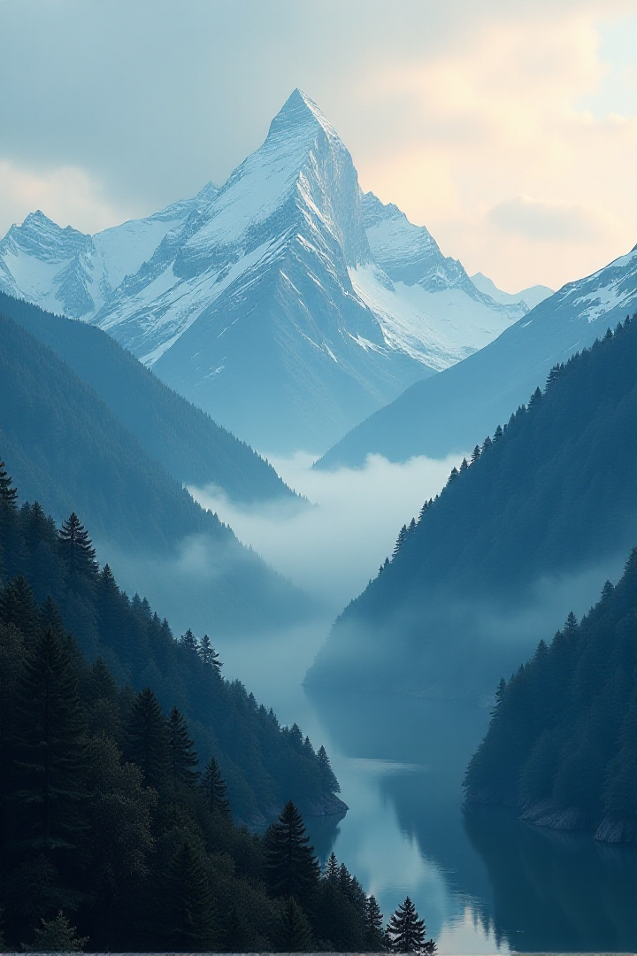 their peaks veiled in mist. great lighting, A surreal landscape highly detailed . extremely high-resolution details, appears trapped in an optical illusion of reflections and refractions colorful , professional photography, natural lighting, volumetric lighting maximalist. intricately detailed, complex, elegant, expansive, fantastical, film photography style, in the distance layers of mountains strech to the horizon in shades of blue, mysterious fog envelops the landscape, adding depth and atmosphere to the composition, ultra-detailed, hyper-detailed, ambient lighting, (masterpiece), (Amazing quality), (phenomenal aesthetic), cinematic moment, 8K<lora:FLUX_Ghibsky_Illustrations.safetensors:0.8:1.0>âââ