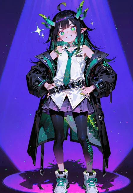 looking at viewer,full body shot,standing,hands on hips,big smile

1 girl,petite,loose unruly messy hair,messy bangs,black hair,green accents hair,fair skin,dragon horns,green eyes,(sparkling eyes:1.1),freckles,ahoge,pointy ear

Large Black coat with green accent,coat hanging sleeves,white sleeveless buttoned shirt,green tie, exposed shoulder,dark purple skirt,(black leggings:1.1),white sneakers,(black belt over shirt:1.2)

Color background, bright purple background,(shadow:1.2), light from front,glimmer, [scales design], sparkling,(analgylph:1.5),(spotlight:1.2),(purple hue:0.8),(colors green glowing:1.3)

Cunnystyle,748cmstyle,Smooth_Quality,masterpiece,best quality,amazing quality, aesthetic,(vibrant colors:1.7),(bold lines:1.3),(saturated:1.6)