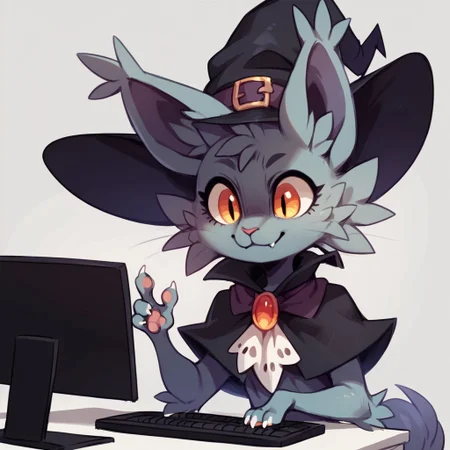 score_9, score_8_up, score_7_up, rating_safe, , <lora:Gaming_Gloom:1>, score_9, score_8_up, score_8, score_7, source_cartoon, source_furry, perfect hands, Solo, 1girl, semi-anthro, cat, catgirl, furry female, grey fur, fluffy fur, fluffy tail, long tail, chest fluff, amber eyes, digigrade feet, sharp claws, no clothes, witch hat, keyboard \(computer\), monitor, closed mouth, simple background, computer, mouse \(computer\), smile, grey background, upper body,