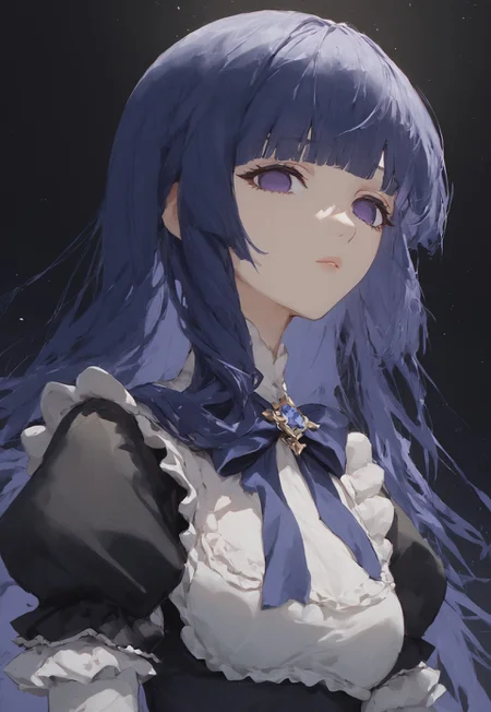 zPDXL3, score_9, score_8_up, score_7_up, ASCII, masterpiece,frederica bernkastel, umineko no naku koro ni, 1girl, black background, black dress, blue hair, blunt bangs, bow, dress, empty eyes, expressionless, frilled dress, frills, hair over shoulder, long hair, looking at viewer, puffy sleeves, purple eyes, solo, straight hair, close up face