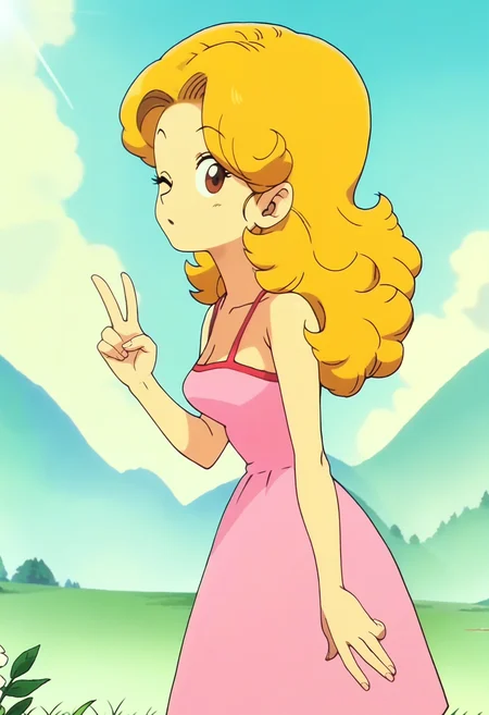 score_9, score_8_up, score_7_up, score_6_up, anime screencap, anime coloring, <lora:DBExtraGirlMidoriN:0.9>, DBExtraGirlMidoriN, blonde hair, brown eyes, long hair, curly hair, medium breasts,
pink dress, cleavage, bare shoulders, sandals,
from side, one eye closed, looking at viewer, double v, 
BREAK sunlight, day, blue sky, grass,