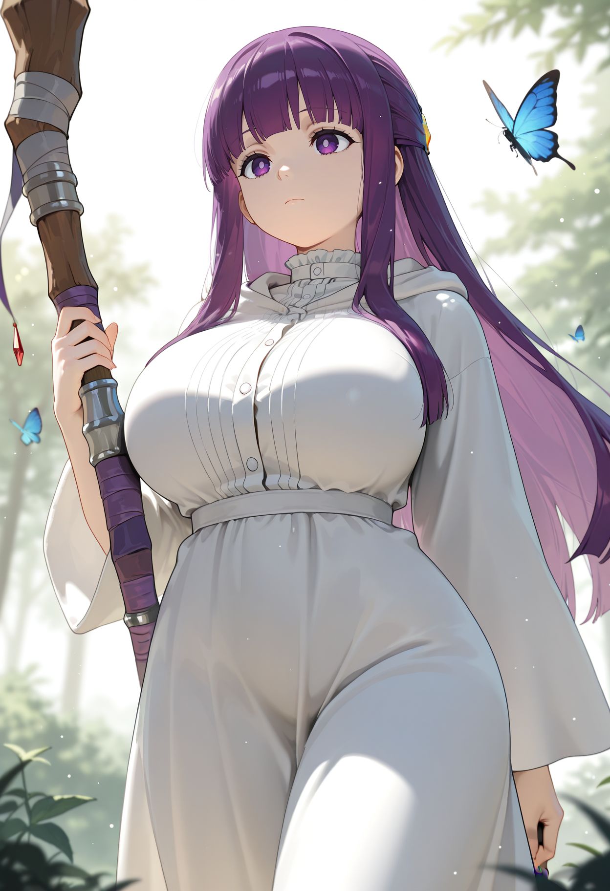 masterpiece,best quality,amazing quality, absurdres, 8k,fern \(sousou no frieren\), 1girl,  blue butterfly, breasts, bug, butterfly, closed mouth, dress, holding, holding weapon, insect, large breasts, light particles, long hair, mage staff, outdoors, purple eyes, purple hair, robe, , solo, staff,  weapon, white robe