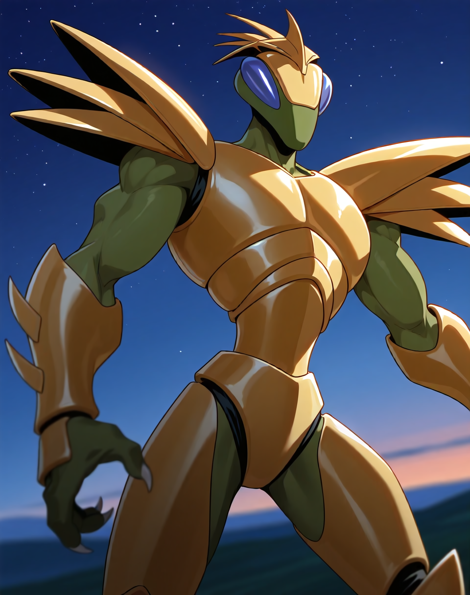 <lora:Hyper_Katris_(Shinzo)_(Illustrious)_(AD):1.15> Hyper Katris, mantis, Shinzo, 
((
exterior, anime night sky, anime mountains, bent leg, cowboy shot, 
dynamic action, insect anthro, male focus, strong warrior, manly, bounty hunter villain, gold armor, green body, manly, masculine, 
)),
BREAK: very awe, aesthetically pleasing, masterpiece, best quality, amazing quality, very aesthetic, perfect depth of field shot, gradient coloring, subsurface reflections, source_furry, furry_art, 
masterpiece, best quality, amazing quality, very aesthetic, high resolution, ultra-detailed, absurdres, newest, scenery, {Prompt}, BREAK, detailed background, volumetric lighting,
BREAK: lazympos, lazypos (3),