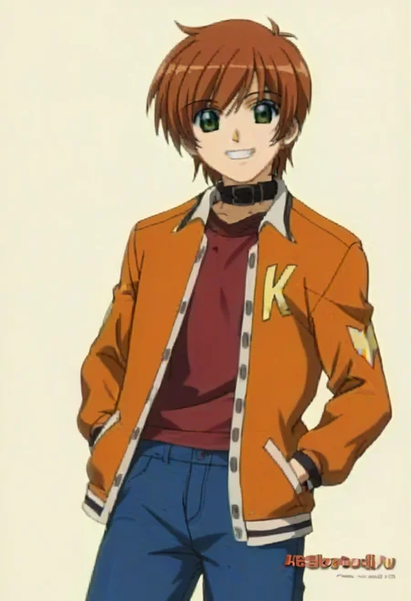 ((masterpiece)), ((best quality)), ((ultra-detailed)), ((absurdres)), score_9_up, score_8_up, score_7_up,
HD, top quality, best quality, amazing quality, High-quality illustrations, anime screencap, source_anime, best aesthetic, perfect proportions, perfect eyes, 1boy, 1male, solo boy, solo male, male focus, solo male focus, Anime, boy, male anime character, anime boy, handsome, attractive, cute, charming, sexy, hot, ((tall, tall height, tall body)), ((slim body, slim body), ((cowboy shot, half body shot, head to hips shot, close up shot)), Keita Kawahira, brown-orange hair, green eyes, neck collar, orange jacket, short jacket, "K" logo on jacket, red shirt, blue pants, big smile, smile with teeth, energetic