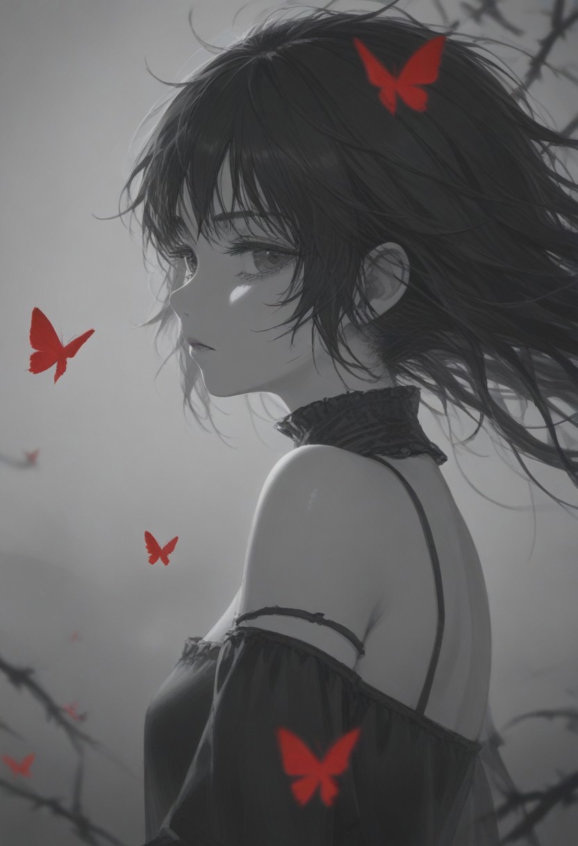 year 2023,1girl,solo,red and black theme,strong picture,dark,upper body,side_face,sad,parted_lips,looking back,floating hair,bare shoulders,delicate and beautiful eye,gothic,black rose,thistles and thorns,flora,fog,red butterfly,underlighting,bokeh,blurry background,strong visual impact,film lighting,from side,