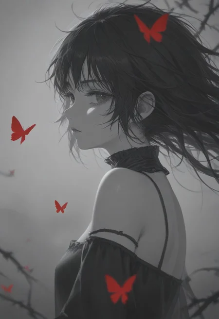 year 2023,1girl,solo,red and black theme,strong picture,dark,upper body,side_face,sad,parted_lips,looking back,floating hair,bare shoulders,delicate and beautiful eye,gothic,black rose,thistles and thorns,flora,fog,red butterfly,underlighting,bokeh,blurry background,strong visual impact,film lighting,from side,