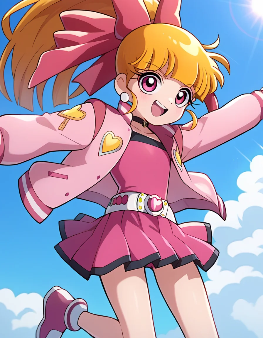 score_9, score_8_up, score_7_up,  1girl, source_anime, momoko blossom, , pink leotard, sleveless pink jacket , pink skirt,   <lora:Momoko-40:1> flying super hero