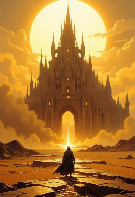 Imagine a surreal, post-apocalyptic landscape with a towering, gothic castle in the background. The castle, with its intricate spires and arches, is bathed in a warm, golden light, casting long shadows on the ground. The sky is a gradient of soft yellows and oranges, creating a dreamlike atmosphere. The ground below is cracked and barren, with deep fissures running across the dry, arid terrain. In the foreground, a lone figure stands, dressed in a dark, flowing cloak and hood, their identity obscured. The figure is small in comparison to the vast, desolate landscape. The overall color palette is dominated by warm, earthy tones, with the exception of the stark contrast of the figure's dark attire. The texture of the ground is rough and cracked, while the castle's stone walls have a smooth, polished appearance. The image is reminiscent of a fantasy or science fiction setting, with a blend of medieval and futuristic elements, creating a haunting and otherworldly scene. (huge white sun behind the castle)