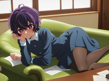 abikosamejima, 1girl, short hair, purple hair, purple eyes, messy hair, solo, streaked hair, petite, <lora:AbikoSamejima-e10:0.9>, blush, shy, collared dress, blue dress, long sleeves, pantyhose, zPDXL2