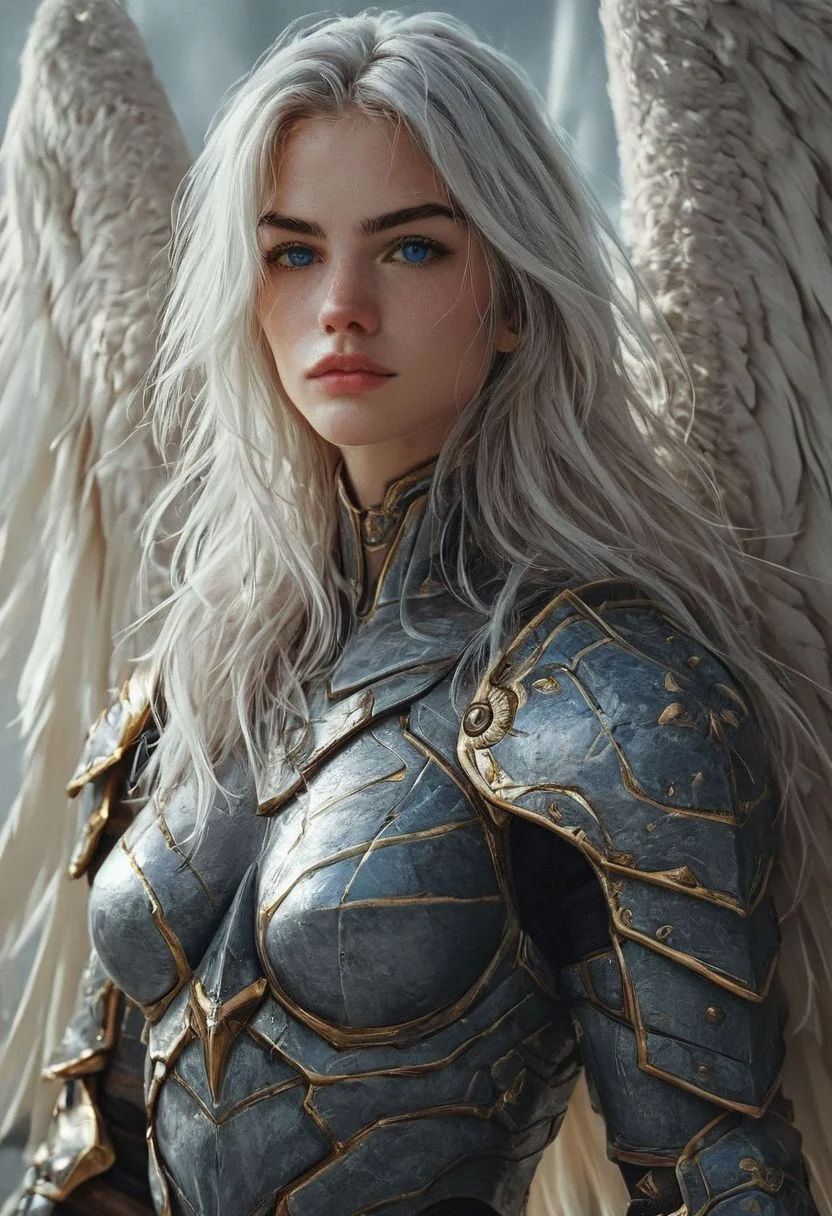 score_9, score_8_up, score_7_up, score_6_up, score_5_up, score_4_up,<lora:Fant5yP0ny:0.8>, 1girl, armor, weapon, wings, solo, shoulder armor, blue eyes, pauldrons, white hair, looking at viewer, power armor