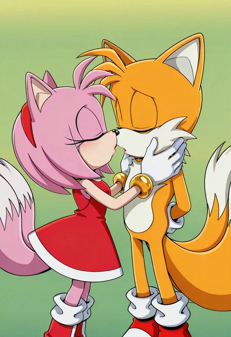 <lora:Tails_-_Sonic_X_IL:1.0> 1boy, male, Tails_IL, white gloves, imminent kiss, closed eyes, AmyRose, 1girl, bright pink fur, large closed eyes, bangs, red dress with white trim, white gloves, red boots with white stripes, Gold circular bracelets, sonic the hedgehog, imminent kiss