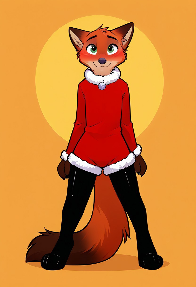 ((By Tom_fischbach)),Expressiveh, adult, 18yo, Expressiveh, score_9, score_8_up, score_7_up, score_6_up, score_5_up, score_4_up, 1boy, solo, nick wilde, petite, standing, christmas party, flustered, blushing, (full body), paws,smiling, latex stocking, epiCPhoto, zPDXL3, sexy, fluffy_new_year, merry_furistmas, tail, (santa outfit), shorts,
full_body,1girl,solo,blush,look at viewer,
source_cartoon, cute, five fingers, looking at viewer, blush, small ass, flat chest, anthro, furry, desire, light background,
