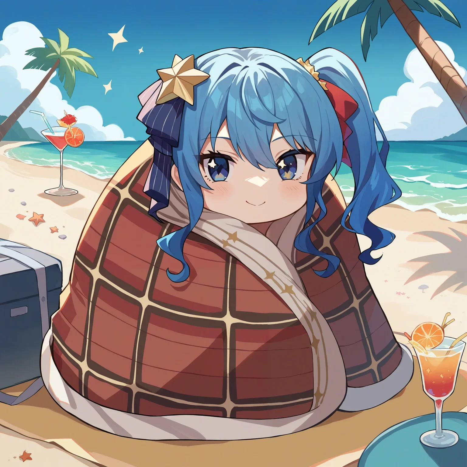 score_9, score_8_up, score_7_up, source_anime,
1girl, comfyblanket, chibi, blanket, smile,
lanr, hair ribbon, side ponytail, blue hair, star in eye,
beach, blue sky, palm, striped, cocktail glass
<lora:concept_comfyblanket-pony-rls:1>