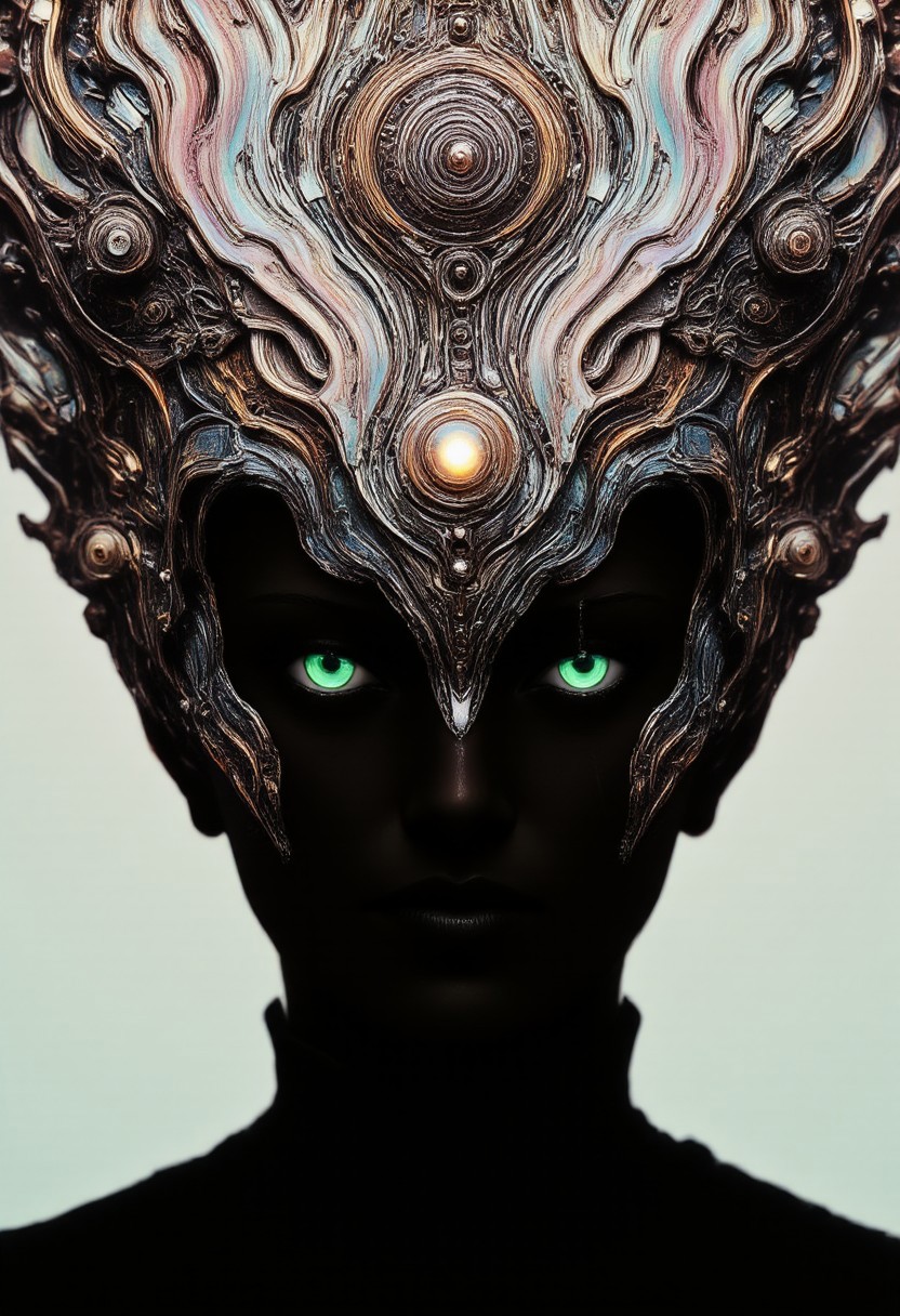 A close-up portrait of a fierce Smiling woman with planet-head in M.C. Escher's surreal space laboratory. Her intense gaze locks onto the viewer, eyes glowing faintly with toxic-green energy. The background dissolves into intricate geometrical illusions and woodcut-style patterns, reminiscent of 1970s psychedelic album art, an ornate metallic crown, its surface etched with shifting, holographic emblems from a forgotten dynasty. The lighting is soft yet dramatic, pastel tones blending into monochrome with subtle, iridescent accents. Her face is framed by flickering shadows that warp and twist like an optical illusion, giving a surreal and otherworldly vibe.