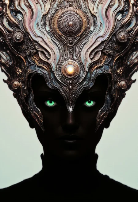 A close-up portrait of a fierce Smiling woman with planet-head in M.C. Escher's surreal space laboratory. Her intense gaze locks onto the viewer, eyes glowing faintly with toxic-green energy. The background dissolves into intricate geometrical illusions and woodcut-style patterns, reminiscent of 1970s psychedelic album art, an ornate metallic crown, its surface etched with shifting, holographic emblems from a forgotten dynasty. The lighting is soft yet dramatic, pastel tones blending into monochrome with subtle, iridescent accents. Her face is framed by flickering shadows that warp and twist like an optical illusion, giving a surreal and otherworldly vibe.