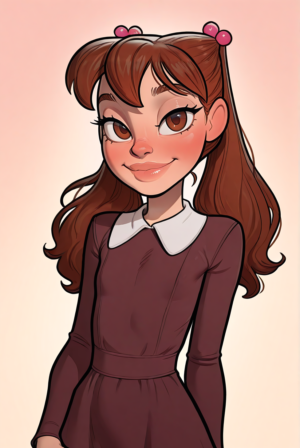 masterpiece, best quality, amazing quality, very aesthetic, absurdres, newest,
brown dress, white collar, long sleeves, white collar. smile, blush, solo, looking at viewer, gradient background,
 <lora:JuliaHarveyIllustrious1.0:0.9> julia, brown hair, long hair, twintails, hair bobbles, thick lips, brown eyes,
incase,