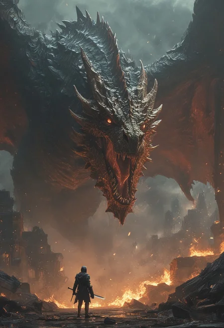cinematic by (((Hugh Ferriss) and wlop) and Brian Mashburn) and Tom Whalen, action shot, fighting, fantasy, gigantic pet dragon, bosstyle <lora:boss_battles:0.55> , shallow depth of field