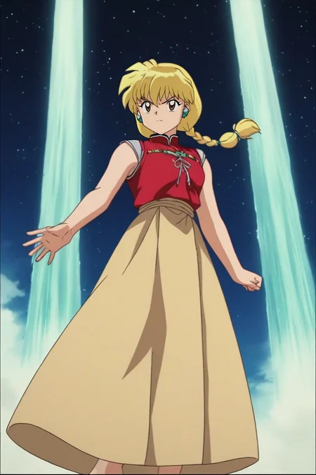 score_9, score_8_up, score_7_up, source_anime, rating_safe, intricate details, , , 1girl, hazel eyes, ash blonde hair, waterfall braid, hair tubes, clothing cutout, long skirt, solo, wide angle, wide shot, cowboy shot, space, stars, light, one leg up, angry, <lora:inuyasha_style_pony:1.06>, inuyasha_style, , <lora:sdxl_lightning_8step_lora:1>
