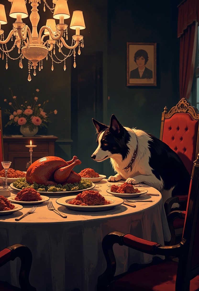 An illustrated closeup scene of a dog sneaking up to eat a large feast laid out on a dining room table. The dog is a border collie. It has climbed up on a chair, and it is looking to the side to see if anyone is coming. It is sneaky. It knows it should not be at the table, but the temptation of the sumptuous feast laid is too much to bear. The collie has its front paws on the dining room table and it is leaning down toward the food while peering to the side with caution. The table is adorned with a large feast. There is turkey, roast beef, and many dishes filled with food. The collie's nose is very close to the turkey but it is looking off camera, expecting to be caught. It is night and the room is illuminated by a chandelier handing from the ceiling. Highest quality, best quality, masterpiece.