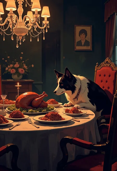 An illustrated closeup scene of a dog sneaking up to eat a large feast laid out on a dining room table. The dog is a border collie. It has climbed up on a chair, and it is looking to the side to see if anyone is coming. It is sneaky. It knows it should not be at the table, but the temptation of the sumptuous feast laid is too much to bear. The collie has its front paws on the dining room table and it is leaning down toward the food while peering to the side with caution. The table is adorned with a large feast. There is turkey, roast beef, and many dishes filled with food. The collie's nose is very close to the turkey but it is looking off camera, expecting to be caught. It is night and the room is illuminated by a chandelier handing from the ceiling. Highest quality, best quality, masterpiece.