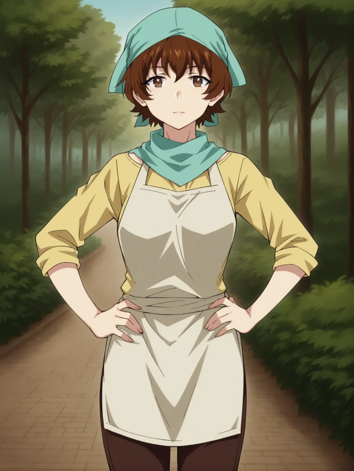 <lora:Onesta-Isekai_Meikyuu_de_Harem_wo:0.8>,Onesta,1girl,brown hair,brown eyes,short hair,,apron,yellow shirt,bandana,hair scarf,pants,hands on own hips,looking at viewer,outdoors,park