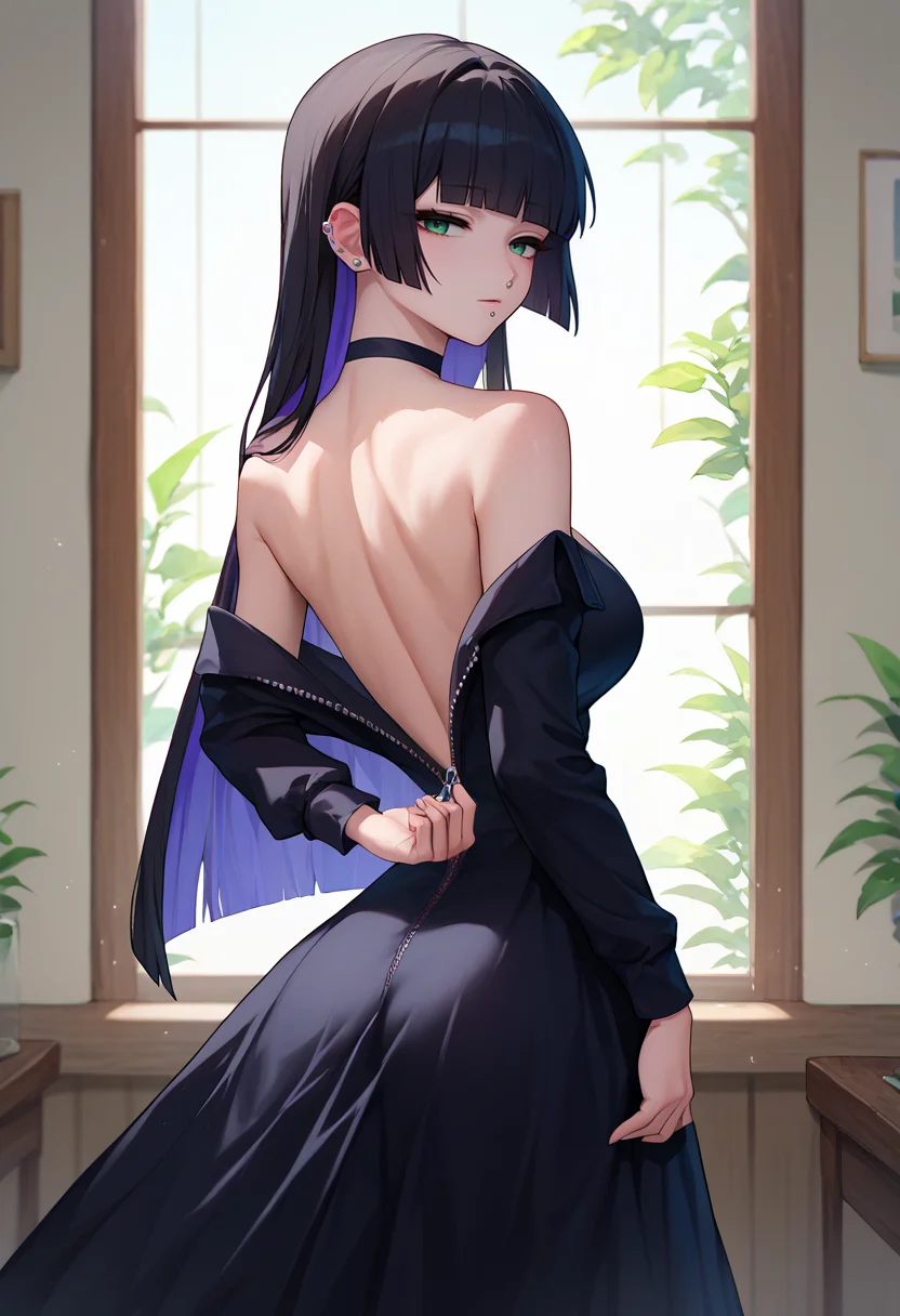 score_9, score_8_up, score_7_up, score_6_up, waist-up source_anime solo, <lora:Degen_Unzip_Beta:.85> 1girl, from behind zipper pull, unzipping, undressing, looking at you, seductive, zipper pull tab, looking back, shoulder blades, back, pasan, colored inner hair, large breasts, ear piercing, chin piercing, hime cut, choker, black dress, long dress, shoulder cutout, <lora:Hoseki_BocchiTheRock_Pasan_PDXL_v2:.85>