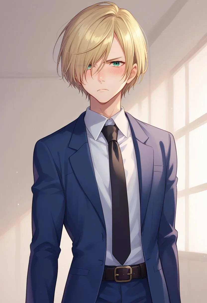 score_8_up, score_7_up, source_anime, highly detailed,
yurio, 1boy, male focus, blonde hair, green eyes, hair over one eye, solo, formal, suit, blue suit, shirt, necktie, belt, frown, blush,
indoor,