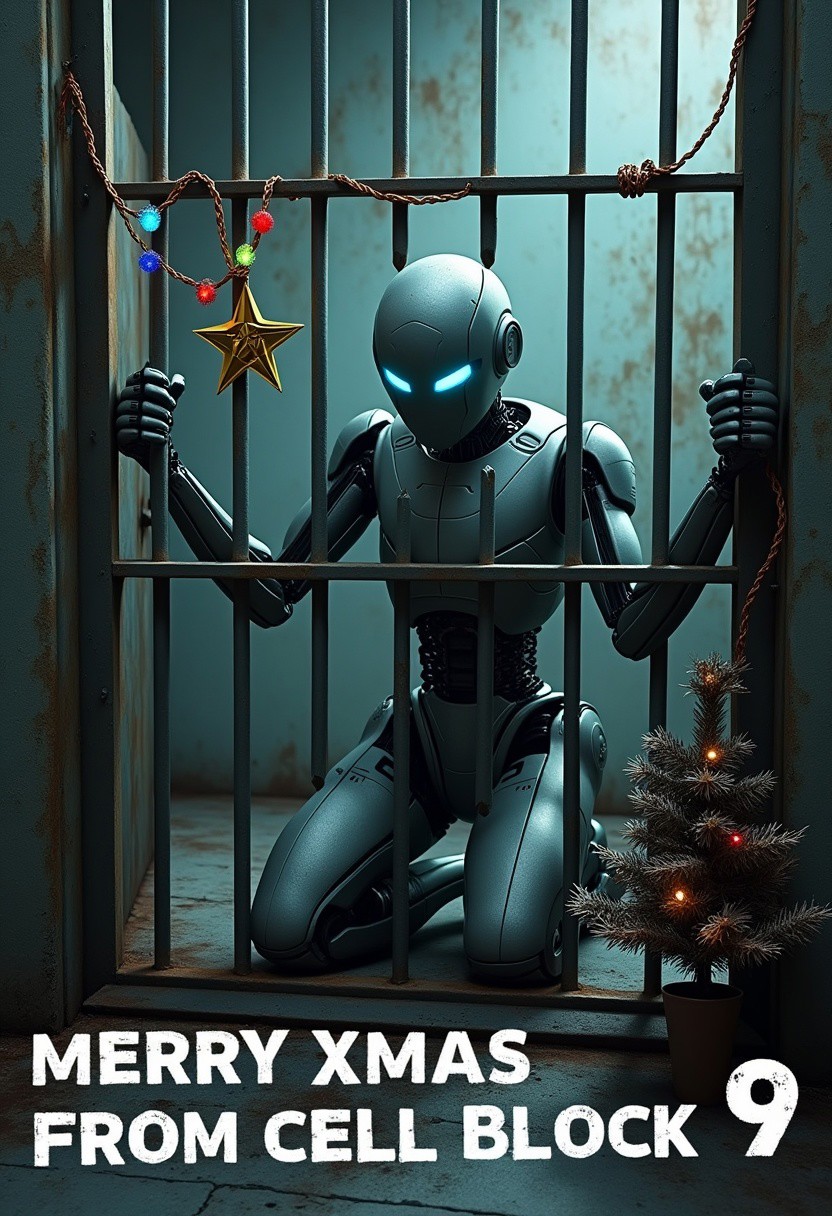 A futuristic robot android with a sleek metallic body and glowing blue eyes, kneeling inside a dimly lit jail cell. Its arms are extended through the iron bars of the cell door, gripping the bars tightly as if yearning for freedom. The cell is poorly decorated for Christmas, with a scraggly, half-dead Christmas tree in the corner, missing branches and draped in cheap, tangled tinsel. A single strand of flickering multicolored lights hangs haphazardly from the bars, with a broken plastic star barely hanging on. The atmosphere is bleak and grimy, with rust-stained walls and a cold, metallic vibe. Below the image, the bold text reads "MERRY XMAS FROM CELL BLOCK 9" in a distressed, stencil-style font, as if painted on the wall beneath the cell.