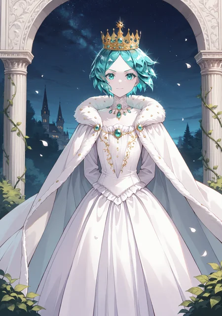 masterpiece, best quality, 1girl, solo, androgynous, ph0s, pale skin, colored eyelashes, crystal hair, aqua hair, short hair, parted bangs, queen, royal gown, cape, regal, majestic, elegant, velvet, embroidered, ornate, elaborate, embellishments, long sleeves, intricate design, crown, outdoors, architecture, pillar, bush, (nature:0.9), vines, scenery, wind, petals, arms behind back, aqua eyes, cleavage, gemstone, jewelry, arch, night, night sky, looking at viewer, v-shaped eyebrows, closed mouth, light smile