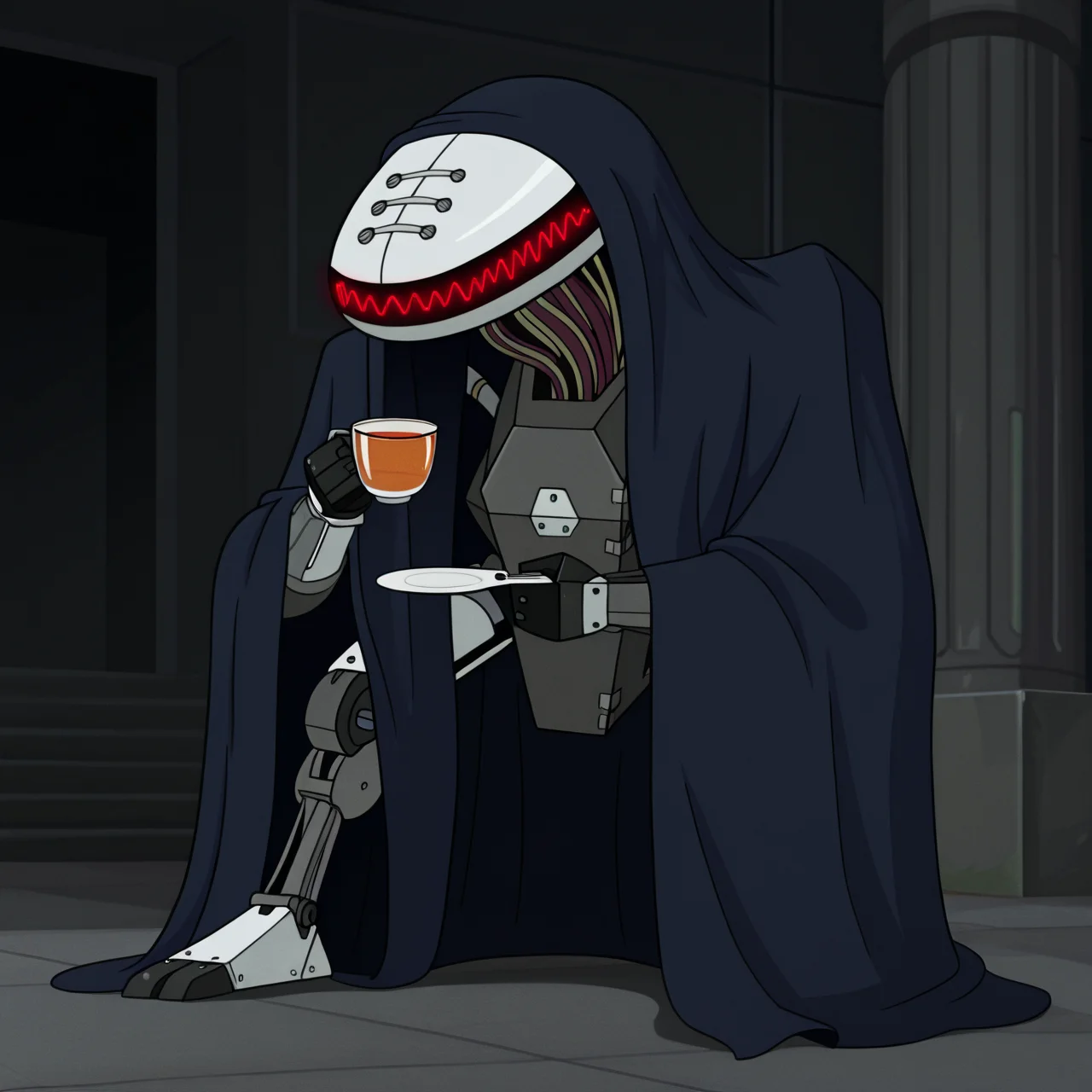 toon \(style\), ultra detailed, raytracing, masterpiece, best quality, highres, absurdres, itcond1, robot, big white head, blue cape, hood up, no eyes, no mouth, neck of wires, glowing red waveform facial mark, holding cup of tea, <lora:itcond1illu_ep10:1>