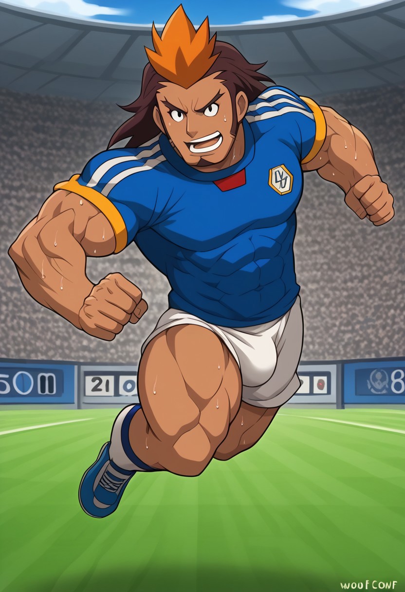 WolfConF, Score_9, hands with five fingers, playing soccer, running around the soccer field, cartoon source, soccer ball, toon source, high Quality,  1boy, solo,  muscle boy, HIJIKATA RAIDEN, uniform soccer player, Brown hair, black eyes, big thighs, muscle legs, Big muscle body, two-tone hair, dark skin, muscle arms, goatee, bulge, soccer camp, soccer boy, sweat,