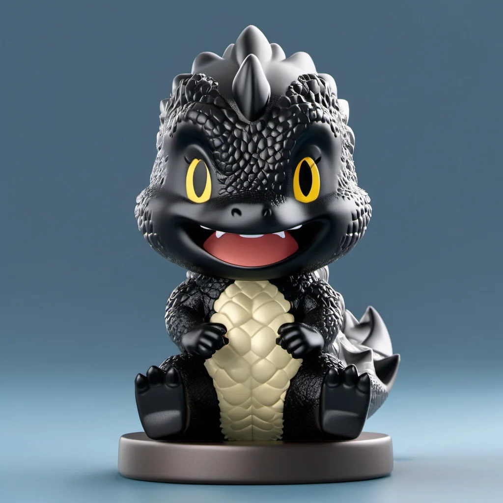blind box style of Godzilla sitting on the base,simple background, chibi, solo,(big head:1.2),small body,octane render, highly detailed, volumetric, dramatic lighting,pop,black,<lora:pop:1>