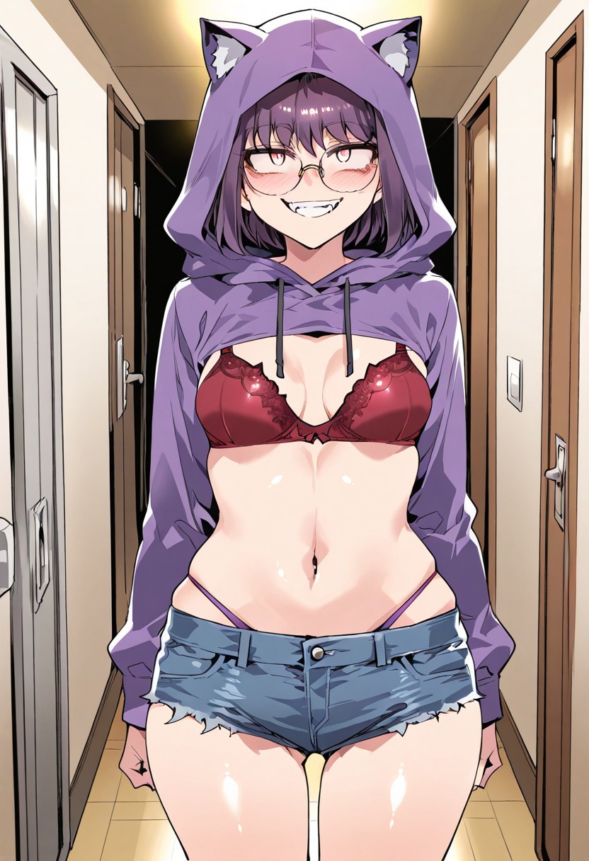 score_9, score_8_up, score_7_up, score_6_up, source_anime, BREAK, 1girl, solo, (( <lora:shikijou_mariko:1> , shikijou_mariko, piercing light purple eyes, clear eyes, bright pupils, beautiful eyes, beautiful dark purple hair, beautiful short hair, bangs, small breasts, short body, normal waist, wide hips, beautiful skin, natural beauty, extraordinary beautiful woman, attractive woman, super sexy woman, lustful body, sexy woman with seductive obscene body, sensual body, voluptuous body, sexy beauty, glasses, )) , cowboy shot, sexy, seducative smile, ((sexy green red bra, midriff, denim shorts, purple thong, )) , female focus, shikijou_mariko as psycho Joker, ((psychological: 1.2), dark light, close up shot, dramatic lighting, creepy woman, obsessed, obsessed smile, hoodie, hood up, fake cat ears on hoodie, (hidden in darkness: 1.2, remorseful eyes, human teeth, cat fangs, ), hallway)
