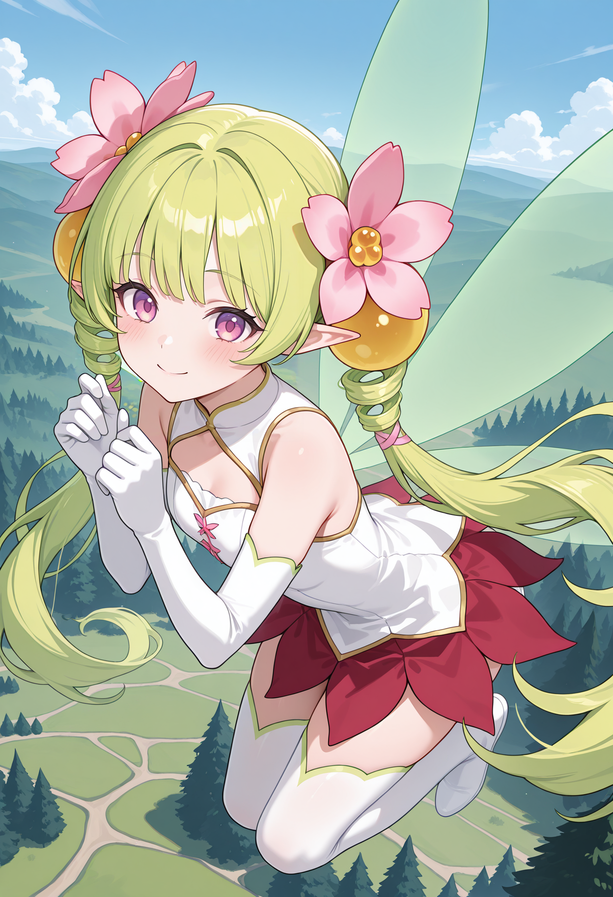 highres, best quality, masterpiece, outdoors, 
1girl, solo, pcrdfio, very long hair, green hair, twintails, drill hair, hair ornament, hair flower, pink flower, fairy, fairy wings, pink eyes, purple eyes,
white dress, sleeveless dress, clothing cutout, red skirt, white gloves, elbow gloves, white thighhighs,
looking at viewer, blush,
leaning forward, hands up, closed eyes, floating, midair, smile, from side, from above,
<lora:_fio_pcr-elesico-ilxlB-000013:1>