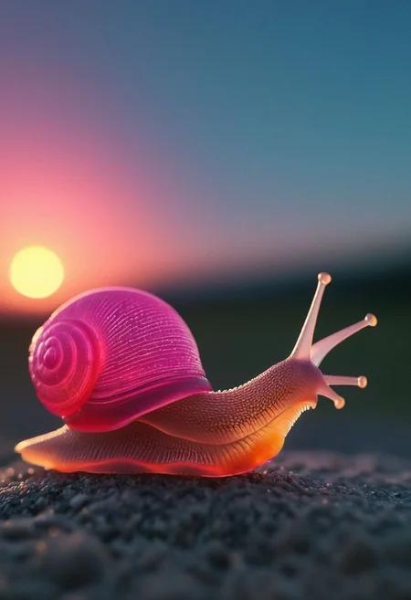 subsurface scattering, small Garald Betram Snail closeup, Neon Pink/Blue sss snail, Gary from SpongeBob infront of Sunset, ,
atmospheric haze, Film grain, cinematic film still, shallow depth of field, highly detailed, high budget, cinemascope, moody, epic, OverallDetail, 2000s vintage RAW photo, photorealistic, candid camera, color graded cinematic, atmospheric lighting, imperfections, natural, shallow dof