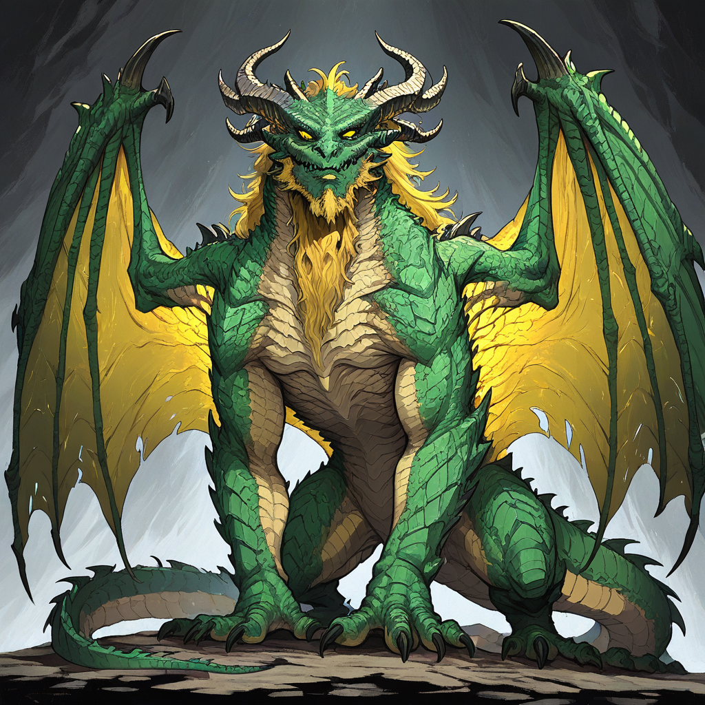 masterpiece, best quality, newest, absurdres, highres, HFMV1.0, monster, no humans, dragon, wings, tail, wings, dragon wings, dragon horns, horns, multiple horns, green scales, yellow eyes, beard, facial hair, yellow hair,