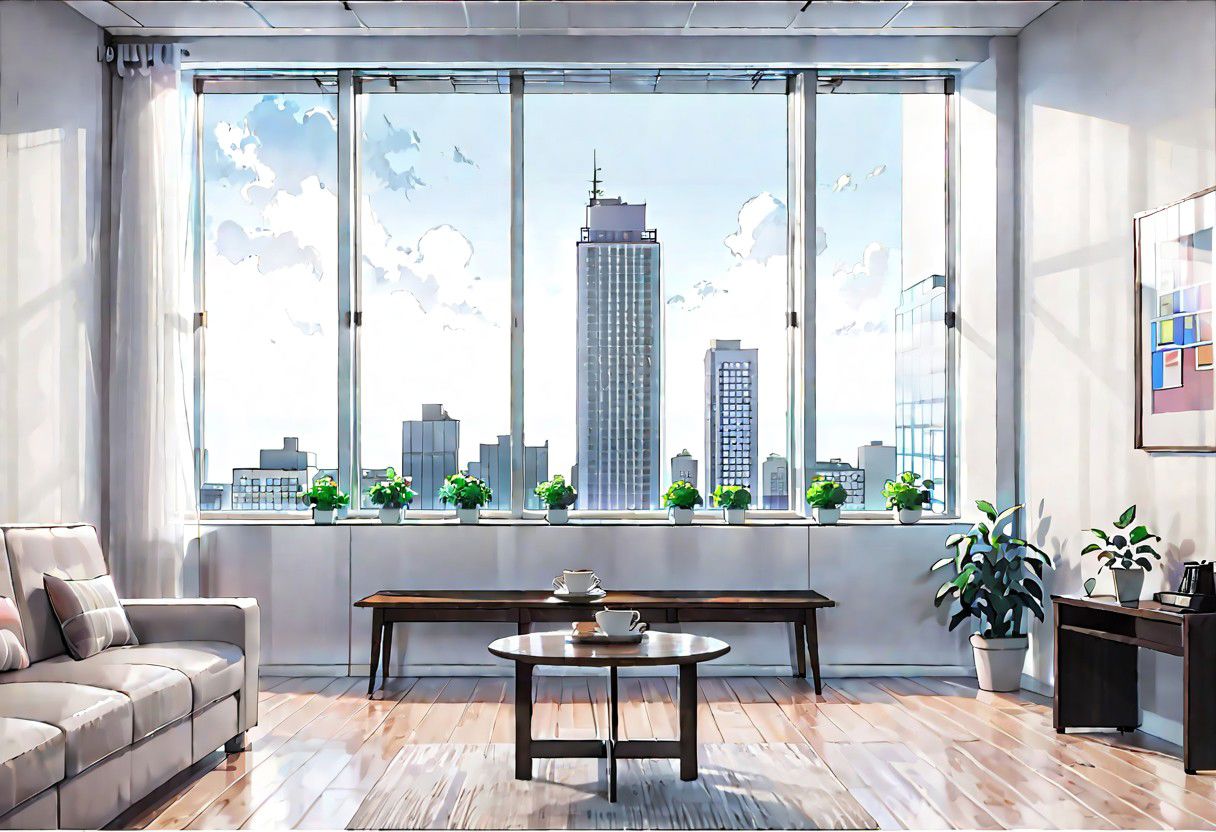 ((((front view)))), Shallow scene, ((animation style)), (((City high-rise building scenery))), ((((City scenery outside the window)))), (Facing the window), (open window), modern-style interior, Wooden floor, with white walls, (large windows), a living room, sofa and coffee table by the window sill,  Sofa placed horizontally, (Behind the sofa is the window sill), noon, clear sky, low saturation