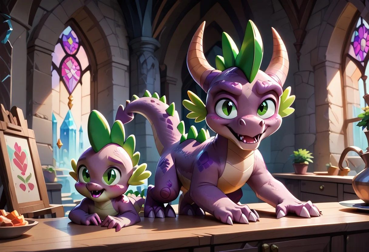 score_9, score_8_up, score_7_up, score_6_up, score_5_up, score_4_up, (2 characters, 2 dragons:2), (best quality, high quality:1), (large dragon with purple eyes and a small dragon with green eyes:0.75), purple skin, (large purple dragon with black eyes:0.7), (small purple dragon with green eyes:0.7), (Spyro the dragon and spike:0.25), <lora:Spike:0.85> by ishoka, by joelasko, by chochi, patb, g5, inside, rich colors, crystal castle, Crystal Empire, crystal heart in the center of the square, presents a painting of rabbits and pony, aroused, front view, detailed background, prepares food, detailed, 8k quality, side view, beautiful, close up, free actions, violet freckled dragon, mammal, (long torso), (dragon's tail), male, <3, tail heart, anthro, hi res, blush, ((one green eye)), large nose, dull fangs, tail gesture, warner brothers, violet scales, Spike, freckled, mammal, short, (big head), big forehead, (green spikes), man, anthropo, pink sclera, pose, warner brothers, purple body, open mouth, high quality, high definition wallpaper, 8k, complex details, Full HD, detailed lighting, paws, detailed eyes, freckled face, face view, Bent over, legs apart, looking at the viewer, maid outfit, kitchen, cute and wonderful familiar fantasy dragon witch, majestic, fantastic, mythical, magical, magic, dynamic, wonderful, peaceful,
