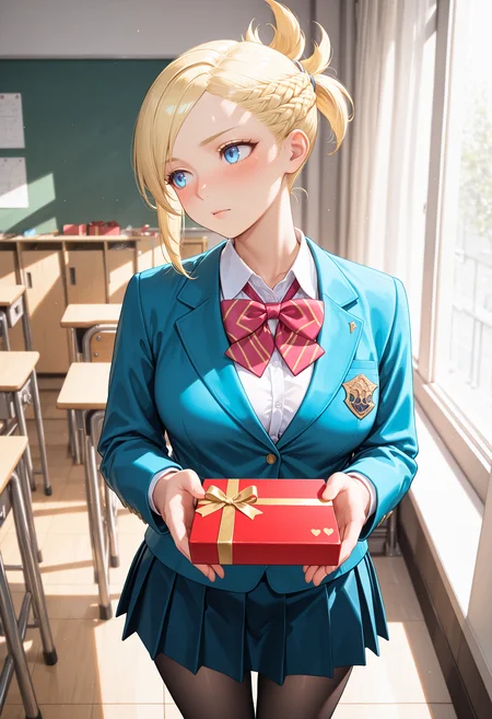masterpiece, best quality, absurdres, highres, newest,<lora:cfg_scale_boost:.7> ,
1girl, solo, looking at viewer,  classroom, indoors, school uniform, winter uniform,  <lora:Minfilia_Warde_IL:1> minfilia, short hair, blue eyes, blonde hair, short ponytail, braid, medium breasts, pleated skirt, blazer, neck bow,head tilt, looking to the side, incoming gift, gift, box of chocolates, blush, valentine,  blush, tights, tights under skirt