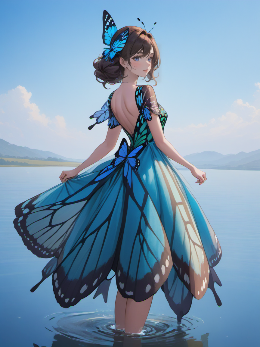 breathtaking beautiful woman wearing a (butterfly dress) in Chilika Lake, <lora:xl_butterfly_dress-1.0:0.8>, Standing, . award-winning, professional, highly detailed