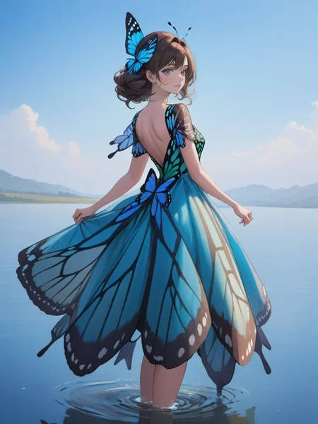 breathtaking beautiful woman wearing a (butterfly dress) in Chilika Lake, <lora:xl_butterfly_dress-1.0:0.8>, Standing, . award-winning, professional, highly detailed