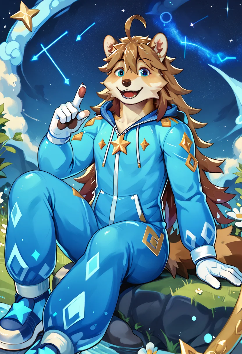 score_9, score_8_up, score_7_up,detailed, cinematic lighting,masterpiece, best quality, <lora:Expressive_H:1>expressiveh, anthro, furry male,1boy,solo ,zPDXL3, upper body,dutch angle:1.3,
<lora:Arcana_AnotherEidos_R:1> arcana,young,young version,brown hair,star \(symbol\),ahoge,blue eyes,tail,blue pajamas,white gloves,happy,smile,sitting on rock,looking at viewer,seducing viewer, meadow,flowers,constellation,night sky,pointing at star,