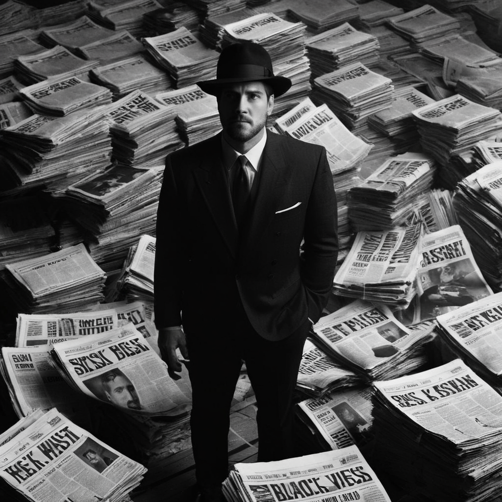 Dark Fantasy Art of  <lora:Kodak Motion Picture Film Style:1.2>
An Oscar winning black and white movie for Best Cinematography a high angle shot of a man in a suit and hat standing in a pile of newspapers looking up to the camera Kodak Motion Picture Film Style, dark, moody, dark fantasy style