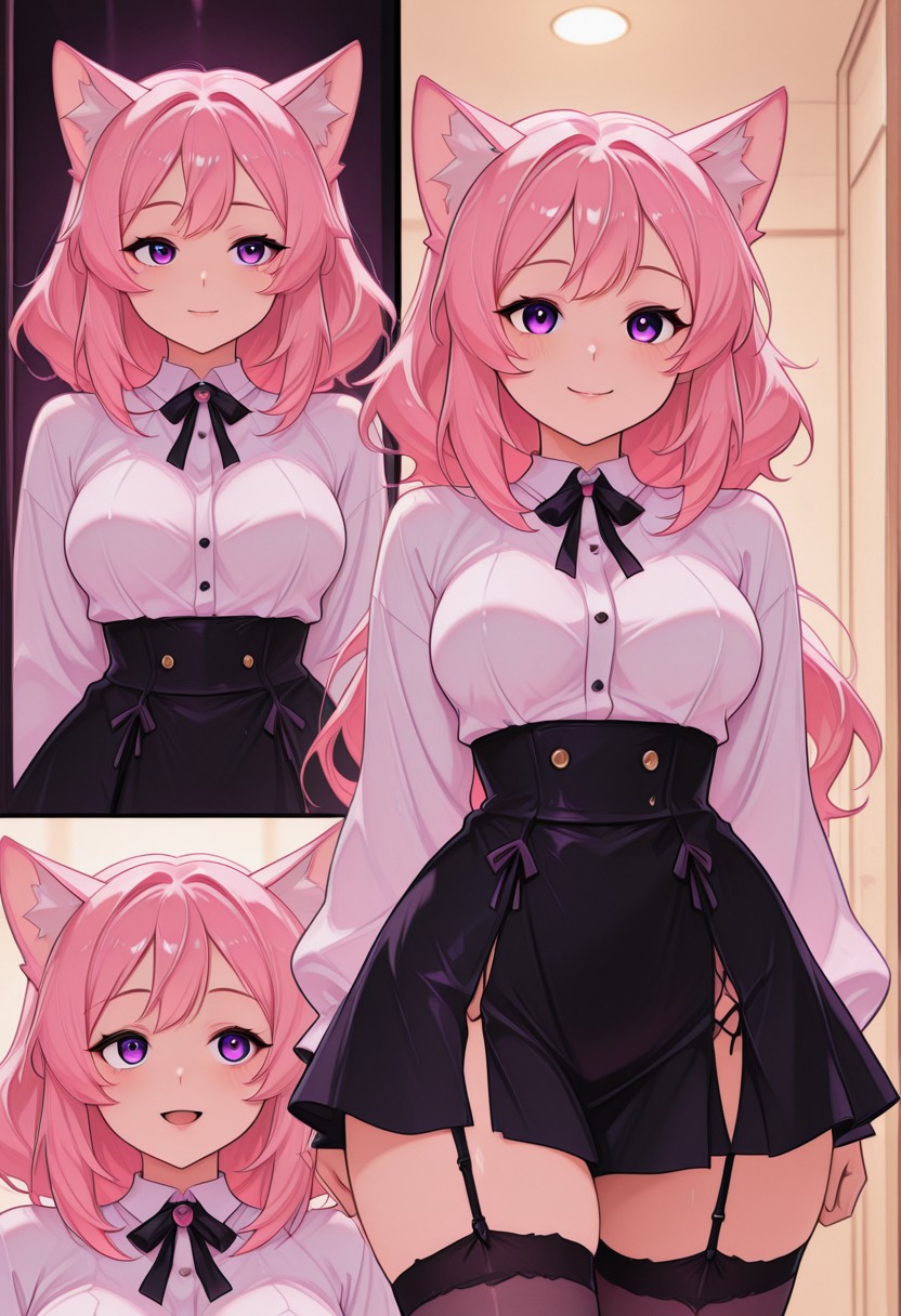 2girls, 1 girl with cat ears, 1 girl with fox ears,(masterpiece, best quality:1.3), purple_eyes, pink_hair, stockings with garter belt, cat_ears, yandere, happy, embaressed, medium breasts, loving_gaze, looking_at_viewer, white shirt with buttons, black skirt, adult, multiple_views