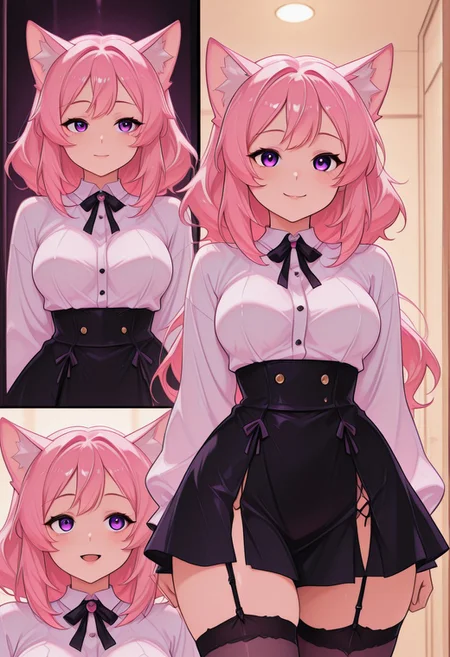 2girls, 1 girl with cat ears, 1 girl with fox ears,(masterpiece, best quality:1.3), purple_eyes, pink_hair, stockings with garter belt, cat_ears, yandere, happy, embaressed, medium breasts, loving_gaze, looking_at_viewer, white shirt with buttons, black skirt, adult, multiple_views