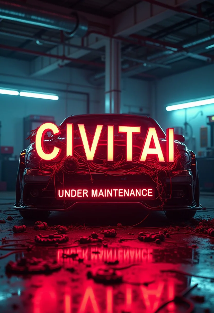 8k, Cinematic, Neon lights, the word CIVITAI on a car garage elevated platform as if it was a car, lots of wires and sprockets are falling from the word, background is a high performance tuning garage , at the bottom text reads UNDER MAINTENANCE in red neon